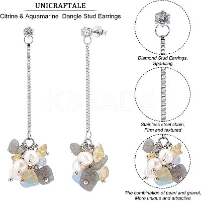 Natural Citrine & Aquamarine & Gemstone Chips Dangle Stud Earrings with Pearl EJEW-UN0002-08-1