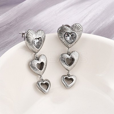 Heart 304 Stainless Steel Clear Cubic Zirconia  Dangle Stud Earrings EJEW-D319-17P-1