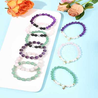 9Pcs 3 Colors Round Natural Gemstone Beads Stretch Bracelets BJEW-FS00017-1