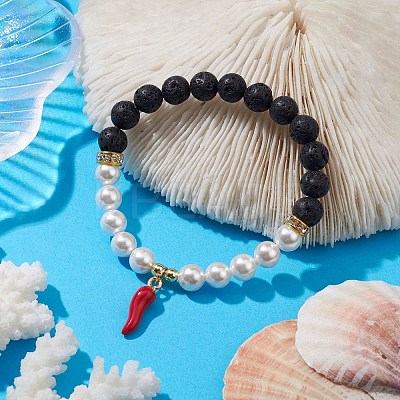8mm Round Natural Lava Rock & Shell Pearl Beaded Stretch Bracelets BJEW-JB10243-1