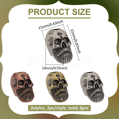3Pcs 3 Colors Skull Brass Beads KK-FG0001-22-1