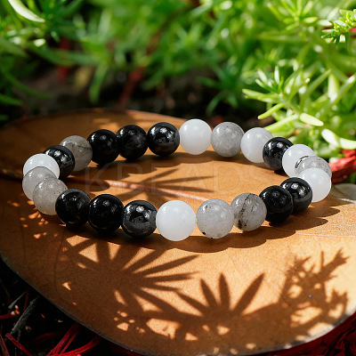 Natural Tourmalinated Quartz & Moonstone & Glass Round Beads Strertch Bracelets for Women Men NE6607-1