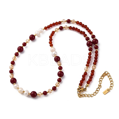 Natural Carnelian(Dyed & Heated) & Rhodochrosite & Freshwater Pearl & Glass Beaded Necklaces NJEW-U026-24G-1