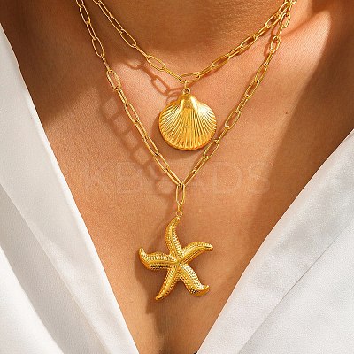 Bohemian Styles 304 Stainless Steel Starfish and Shell Shape Pendant Double Layer Necklaces for Women LS-NJEW-F343-01G-1
