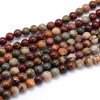 Natural Polychrome Jasper/Picasso Stone/Picasso Jasper Round Bead Strands G-J303-16-8mm-1