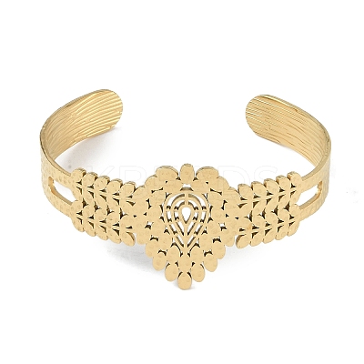 304 Stainless Steel Hollow Leaf Open Cuff Bangles for Women BJEW-U002-07G-1
