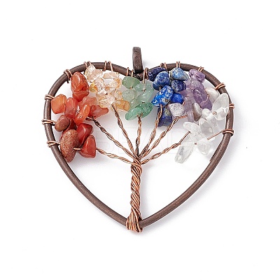 7 Chakra Heart Natural Mixed Stone Copper Wire Wrapped Chip Big Pendants G-E195-13R-1
