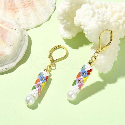 Glass Seed Braided Column with Flower Dangle Leverback Earrings EJEW-MZ00055-1