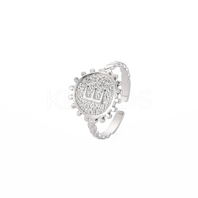 Non-Tarnish 304 Stainless Steel Flat Round with Initial Letter Open Cuff Ring for Men Women RJEW-S405-246P-E-1