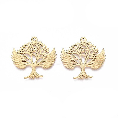 304 Stainless Steel Hollow Tree of Life with Angel Wings Pendants STAS-T067-39G-1