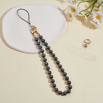 Non-Magnetic Synthetic Hematite & 304 Stainless Steel Round Beaded Mobile Straps HJEW-SW00043-01-1