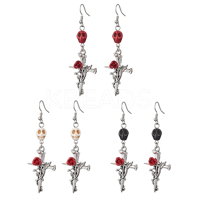 3 Pairs 3 Colors Hallowmas Alloy Dyed Synthetic Turquoise Dangle Earrings EJEW-JE06484-1