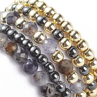 5Pcs 5 Style Natural Rainbow Moonstone & Dichroite & Synthetic Hematite Round Beaded Stretch Finger Rings Set RJEW-JR00527-1