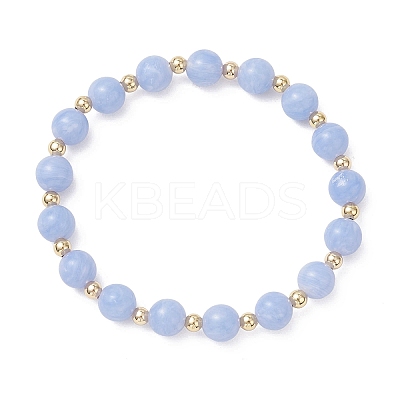 Natural Dyed Blue Lace Agate Beads & Brass Round Beads Stretch Bracelets for Women BJEW-JB12705-1