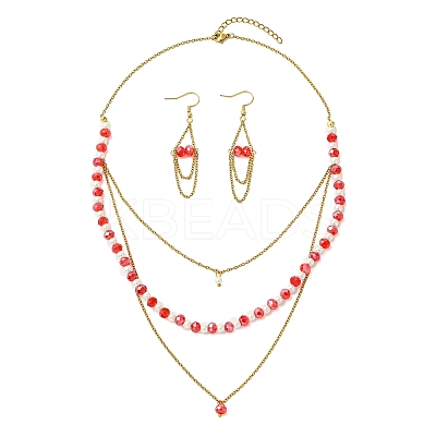 Rondelle 304 Stainless Steel & Glass Beaded Layered Necklace and Earring Set Set for Women SJEW-JS01384-1