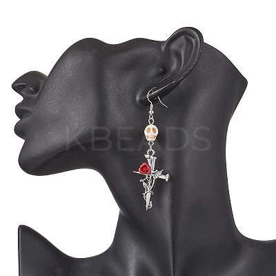 3 Pairs 3 Colors Hallowmas Alloy Dyed Synthetic Turquoise Dangle Earrings EJEW-JE06484-1