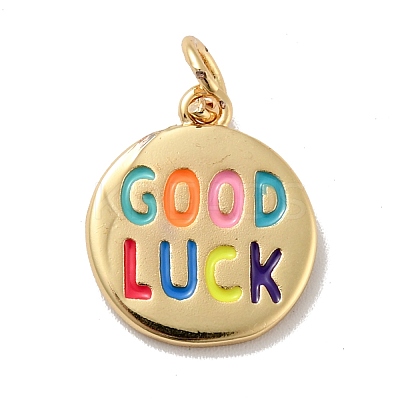 Flat Round with Word Good Luck Brass Enamel Pendants KK-G419-27G-1