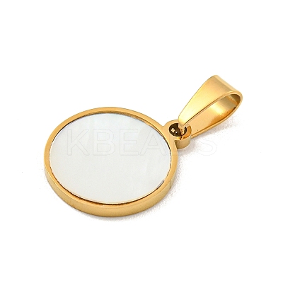 304 Stainless Steel Pave Natural White Shell Flat Round Charms STAS-S130-02G-1