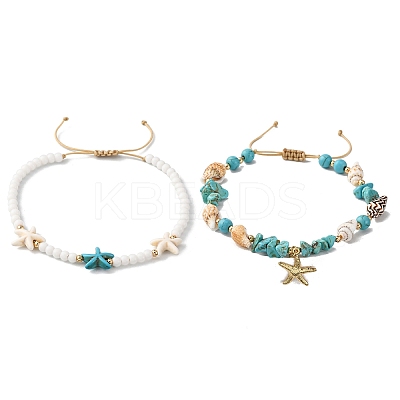 2Pcs 2 Styles Summer Beach Synthetic Turquoise & Natural Sea Shell & Glass Braided Bead Anklets AJEW-TA00039-1