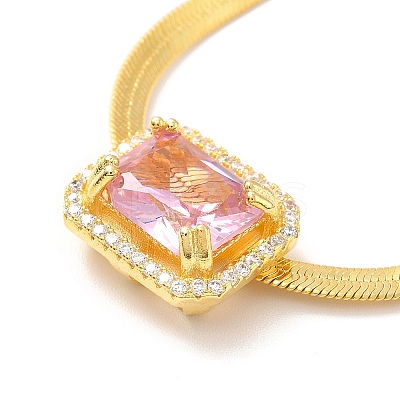 Pink Cubic Zirconia Rectangle Pendant Necklace with Flat Snake Chain for Women NJEW-B082-03-1