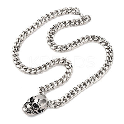 304 Stainless Steel Skull Pendant Cuban Link Chain Necklaces NJEW-C099-06AS-1