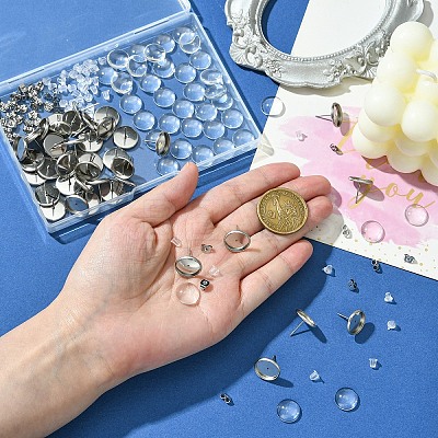 160Pcs 4 Styles Flat Round 304 Stainless Steel Stud Earring Settings with Transparent Glass Cabochons with 304 Stainless Steel Ear Nuts with Plastic Ear Nuts FIND-YW0005-37-1