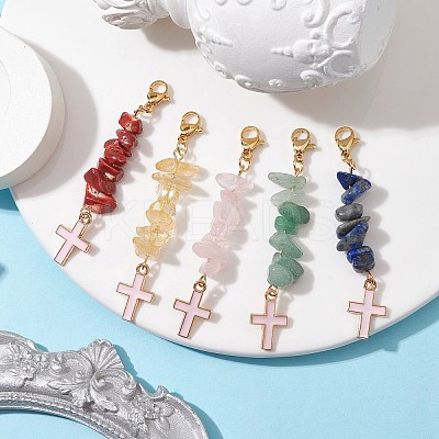 5Pcs 5 Style Natural Mixed Gemstone Chips & Alloy Enamel Cross Pendant Decorations HJEW-JM01793-S-1