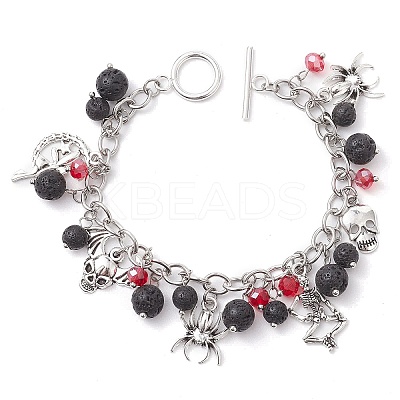 Halloween Natural Lava Rock and Glass Cable Chains Charm Bracelets BJEW-TA00476-1