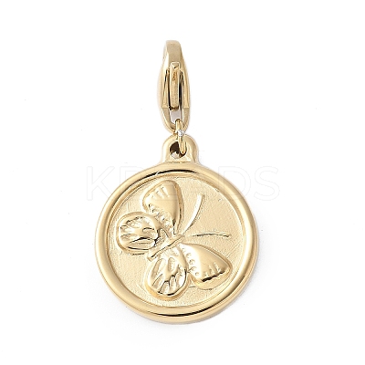 304 Stainless Steel Rhinestone Flat Round with Butterfly Pendant Decoration STAS-S165-25G-1