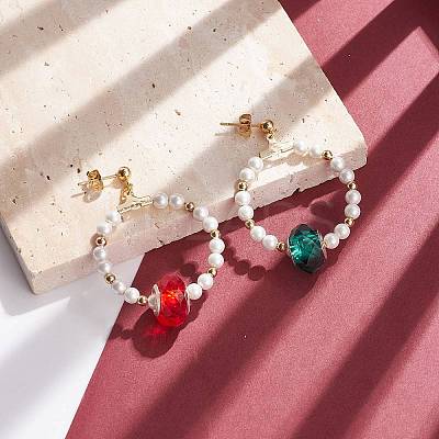 Shell Pearl Beaded Ring Dangle Stud Earrings with Colorful Glass EJEW-TA00095-1