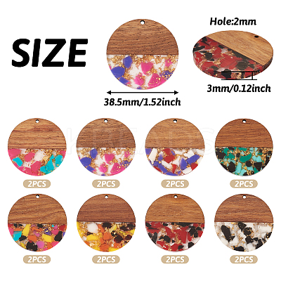 16Pcs 8 Colors Transparent Resin & Walnut Wood Pendants RESI-TA0002-10-1