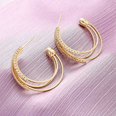 Triple C-Shaped Brass Micro Pave Clear Cubic Zirconia Stud Earrings EJEW-R025-29G-1
