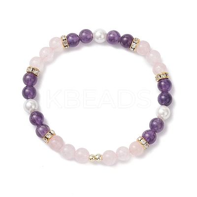 Natural Amethyst & Rose Quartz  & Shell Pearl Round Beads Stretch Bracelets for Women BJEW-JB12229-02-1