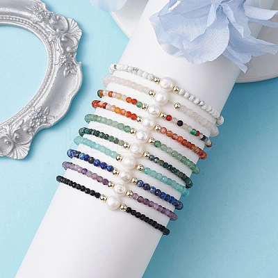 10Pcs 10 Style Faceted Round Natural & Synthetic Mixed Gemstone Beaded Stretch Bracelets Set BJEW-JB10168-1