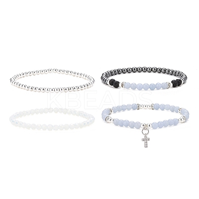 4Pcs 4 Style Natural Angelite & Lava Rock & Opalite Round Beaded Stretch Bracelets Set BJEW-JB09083-1