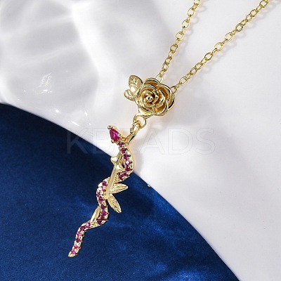 Brass Micro Pave Camellia Cubic Zirconia Flower Snake Pendant Necklaces NJEW-S438-02D-G-1