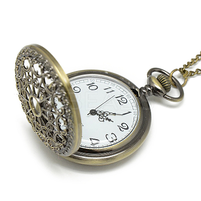 Alloy Flat Round Pendant Necklace Pocket Watch WACH-N012-04-1