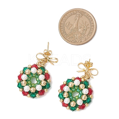 Christmas Wreath Glass Dangle Stud Earrings EJEW-MZ00509-1