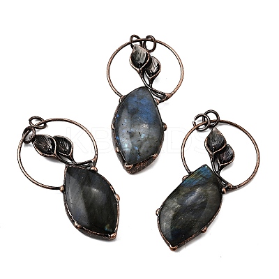 Natural Labradorite Feather Ring with Leaf Big Pendants G-Q350-04A-1