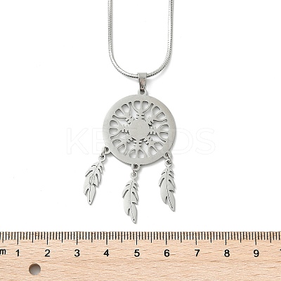 Bohemian 201 Stainless Steel Snowflake Woven Web/Net with Feather Pendant Necklaces NJEW-P327-07P-A-1