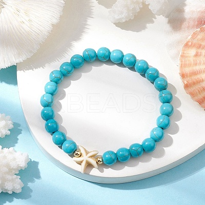 Round Synthetic Turquoise Beaded Stretch Bracelets BJEW-JB10276-02-1