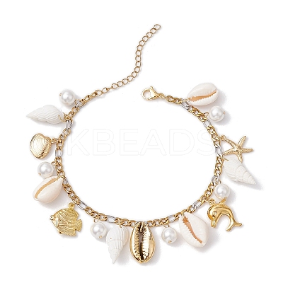 Natural Cowrie Shell & Brass Dolphin Starfish Charm Anklets AJEW-AN00650-1