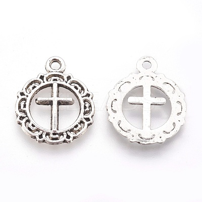 Tibetan Style Flat Round with Cross Alloy Pendants X-TIBEP-Q054-07AS-RS-1