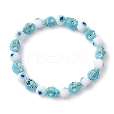 Halloween Dyed Synthetic Turquoise Skull & Lampwork Evil Eye Round Beaded Stretch Bracelets for Women Men BJEW-JB12268-02-1