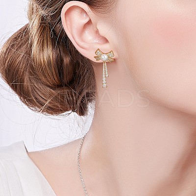 Clear Cubic Zirconia Bowknot Dangle Stud Earrings with Imitation Pearl Beaded JE1094A-1