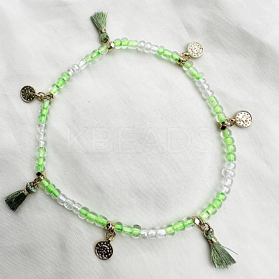 Bohemian Style Alloy Coin Charm Tassel Plastic Seed Beaded Stretch Anklets FS-WGB8A48-15-1