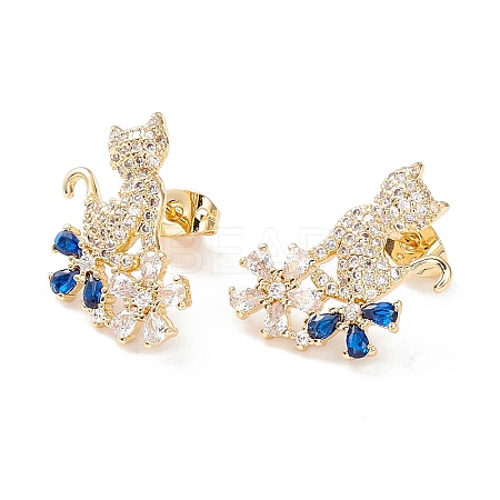 Cat and Flower Cubic Zirconia Stud Earrings LS-EJEW-I263-02G-1