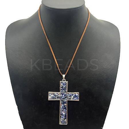 Eco-friendly Zinc Alloy & Natural Chip Blue Spot Jasper Handmade Cross Pendant Cord Necklaces for Women Men RL5831-3-1