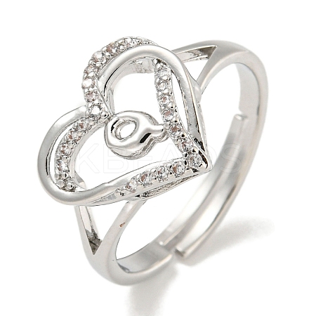 Heart with Letter Rack Plating Brass Micro Pave Clear Cubic Zirconia Adjustable Rings for Women RJEW-I105-01P-Q-1