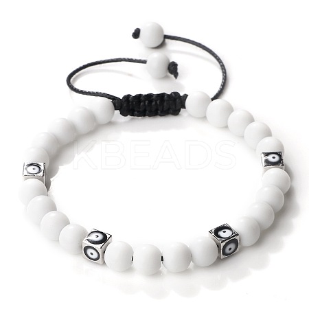 Trendy Ethnic Style Cube Evil Eye & Round Natural White Jade Beaded Stretch Bracelets PJ2289-3-1
